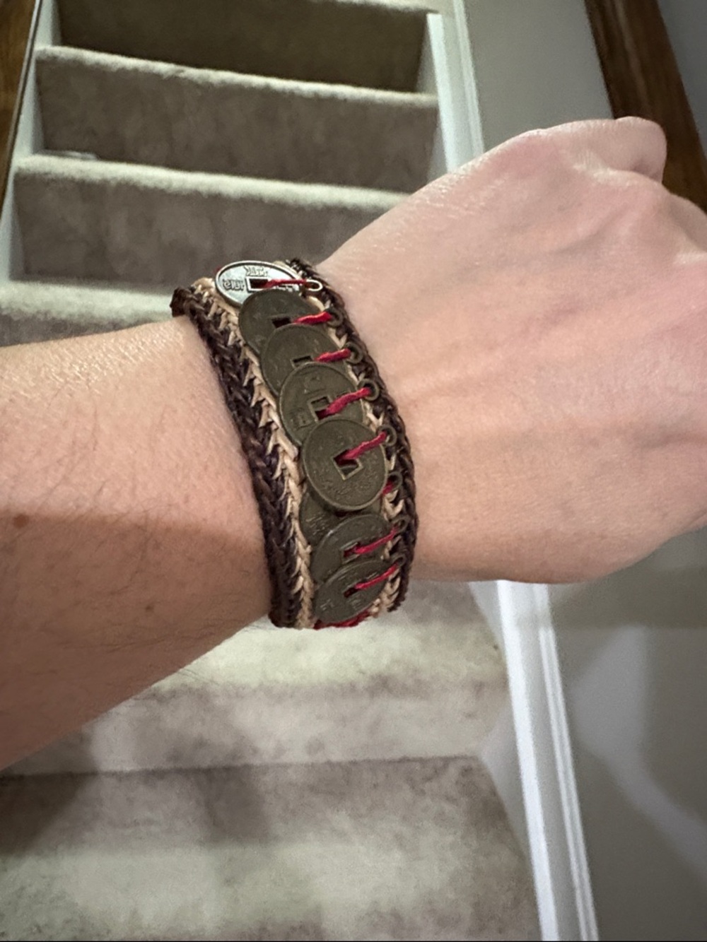 Woven Feng Shui Lucky Coin Bracelet - Brown & Red
